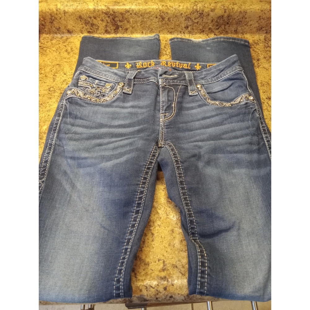 Rock Revival Jazlyn Bootcut Jeans Medium Wash Embellished Size 26 Low Rise